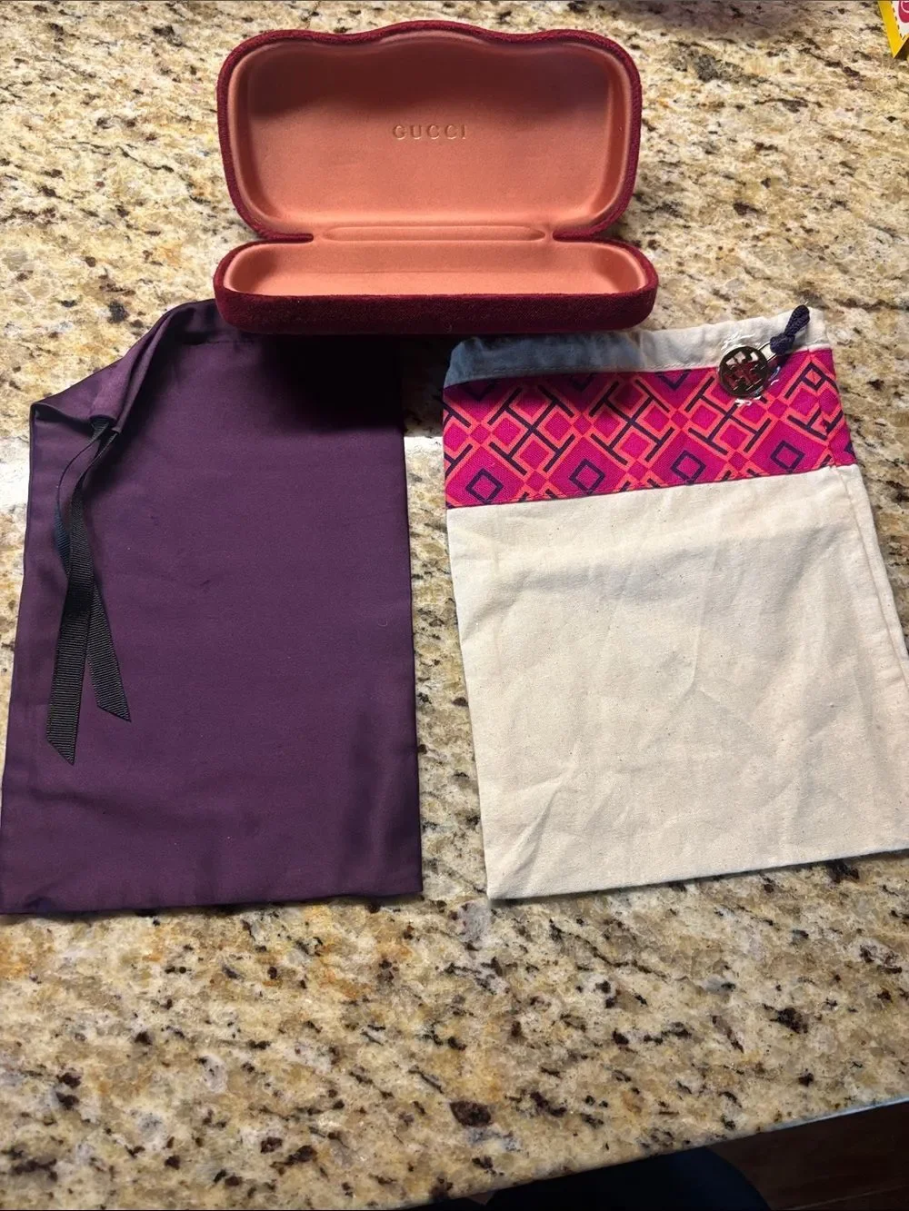 Designer Gucci Velvet Eyewear Case Gucci Plum Dust Bag and Tory Burch dust bag